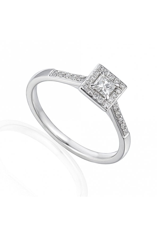 18ct White Gold Natural Diamond Ring 0.40ct Halo Set Princess Cut