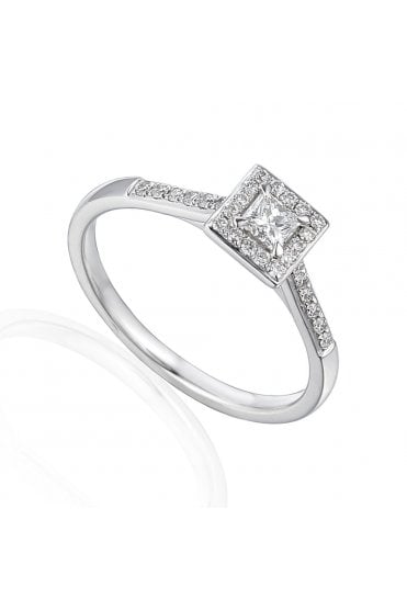 18ct White Gold Natural Diamond Ring 0.40ct Halo Set Princess Cut