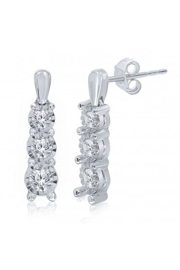 9ct White Gold Diamond 3 Stone Drop Earrings Diamonds Miracle Plate Set