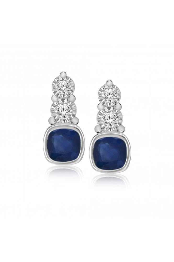 9ct White Gold Diamond & Sapphire Stud Earrings 4mm Cushion Shape Sapphires