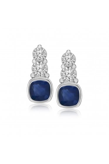9ct White Gold Diamond & Sapphire Stud Earrings 4mm Cushion Shape Sapphires