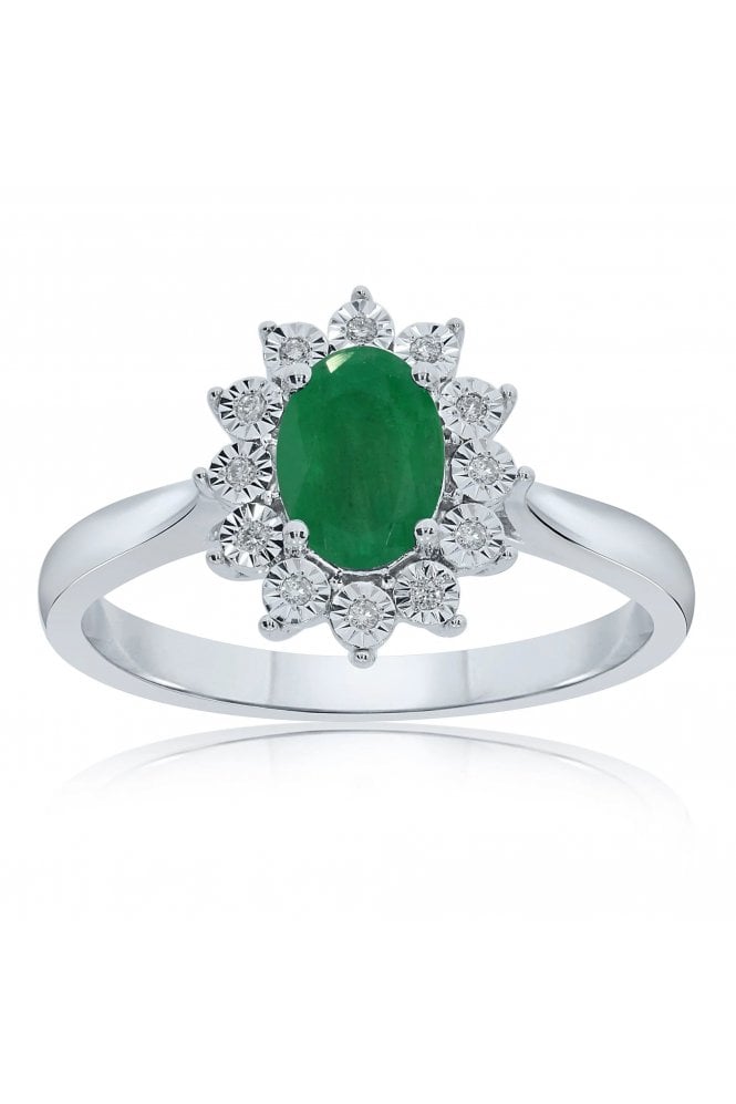 9ct White Gold Emerald and Diamond Cluster Ring 9ct White Gold Claw Set