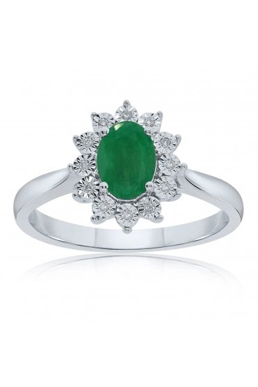 9ct White Gold Emerald and Diamond Cluster Ring 9ct White Gold Claw Set