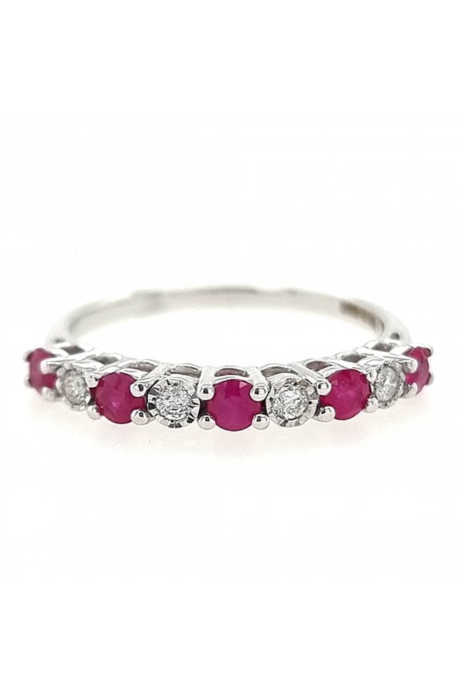 9ct White Gold Ruby & Diamond Eternity Ring 9ct White Gold Claw and Rub-over Set