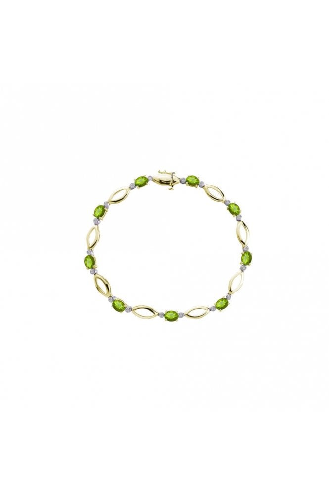 9ct Yellow Gold Peridot & Diamond Set Bracelet Oval Shaped Peridots & Brilliant Round Diamonds