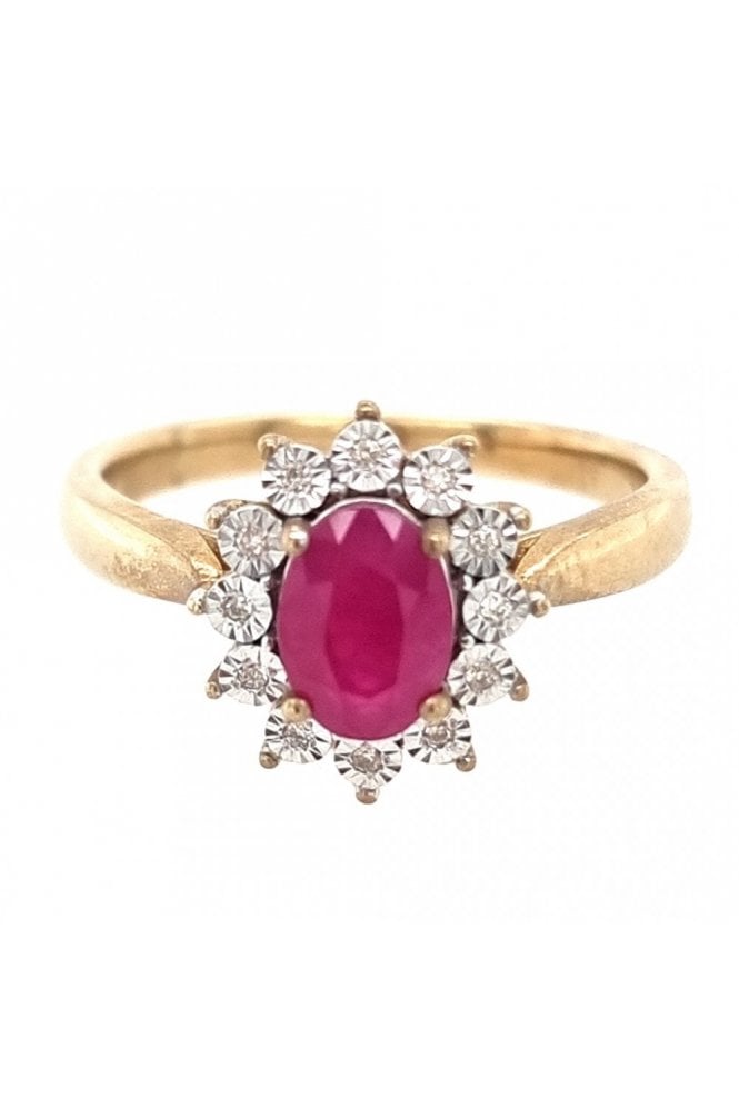 9ct Yellow Gold Ruby and Diamond Cluster Ring Ruby Oval Size: 7mm x 5mm