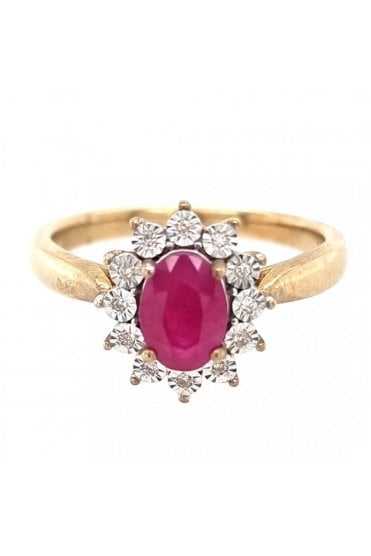 9ct Yellow Gold Ruby and Diamond Cluster Ring Ruby Oval Size: 7mm x 5mm