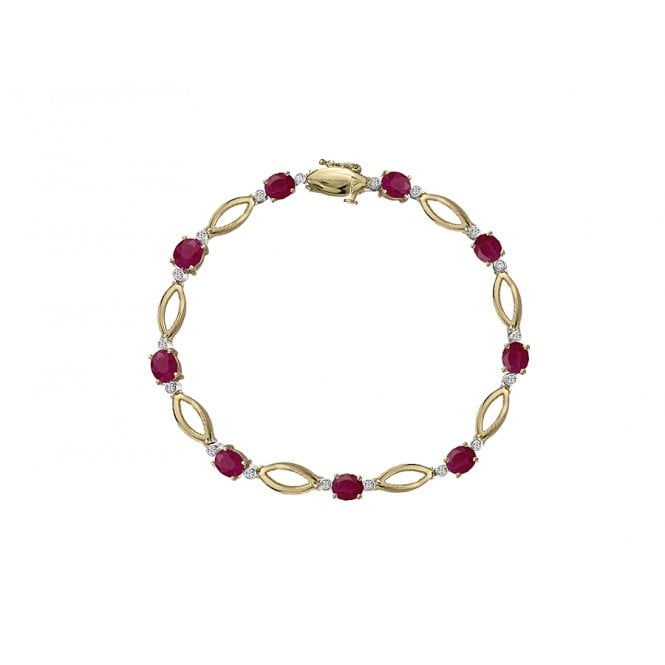9ct Yellow Gold Ruby & Diamond Set Bracelet Oval Shaped Rubies & Brilliant Round Diamonds