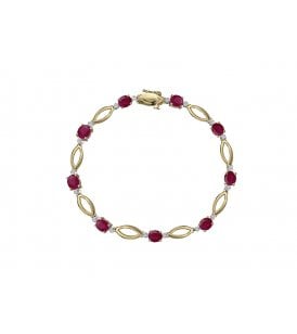 9ct Yellow Gold Ruby & Diamond Set Bracelet Oval Shaped Rubies & Brilliant Round Diamonds