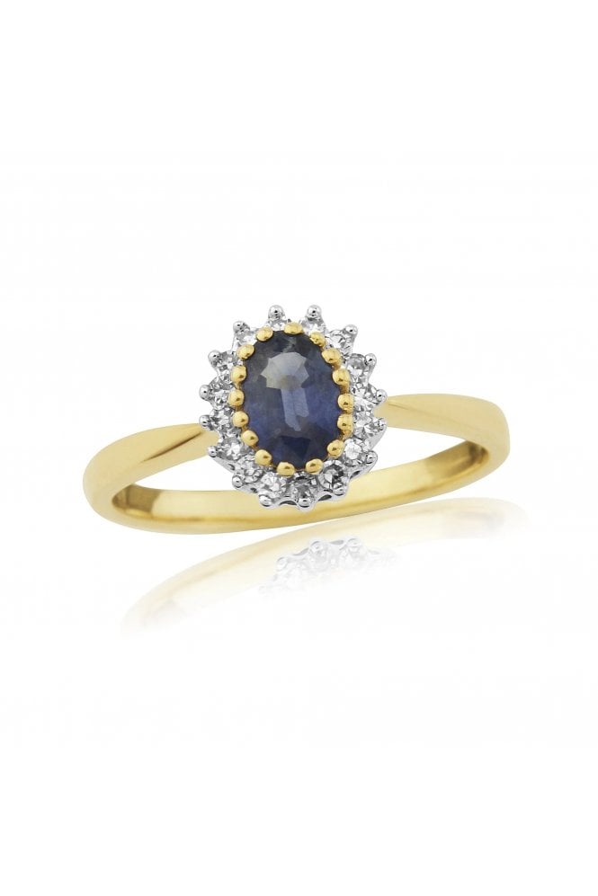 9ct Yellow Gold Sapphire and Diamond Cluster Ring Sapphire Oval Size: 6mm x 4mm