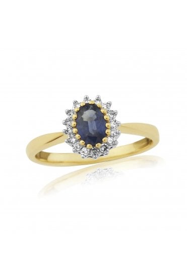 9ct Yellow Gold Sapphire and Diamond Cluster Ring Sapphire Oval Size: 6mm x 4mm