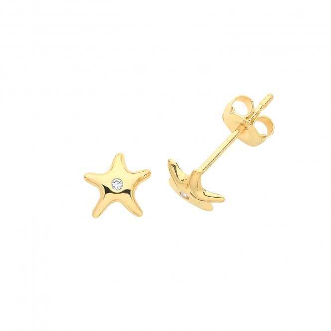 9ct Yellow Gold Starfish Stud Earrings Cubic Zirconia Gemstones in Centre