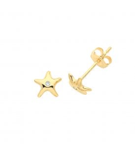 9ct Yellow Gold Starfish Stud Earrings Cubic Zirconia Gemstones in Centre