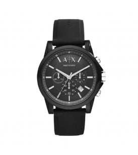 Armani Exchange Outerbanks Chronograph Stainless Steel Case Case Size 44mm Black Dial Silver Marker Indexes Black PVD Coating Black Silicone Rubber Strap Chronograph Mineral Crystal Glass Quartz Battery Water Resistant 3 bar 2 Year Manufacturer