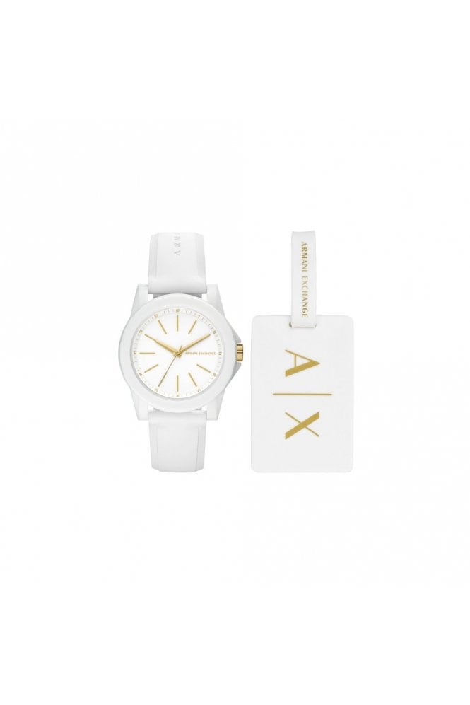 Armani Exchange White Watch Gift Set 3 Hand Watch and Luggage Tag, AX7126
