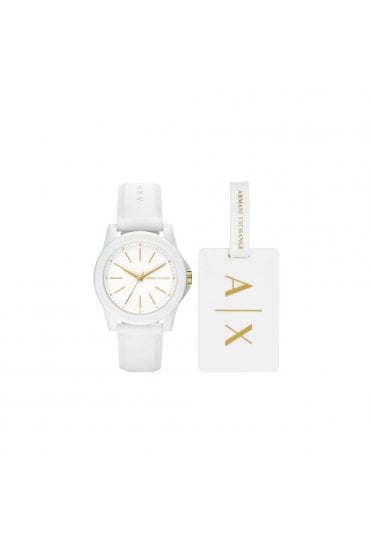 Armani Exchange White Watch Gift Set 3 Hand Watch and Luggage Tag, AX7126