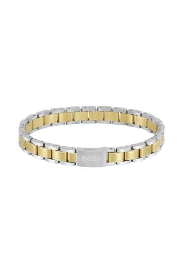 Boss Gents Metal Link Essentials Bracelet Two Tone Yellow Gold Plate & Stainless Steel H-Link, 1580195