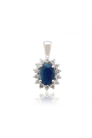 Diamond & Sapphire Cluster Pendant 9ct White Gold Oval Shape Centre Sapphire
