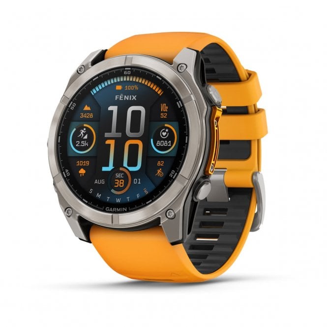 Garmin Fenix 8 AMOLED, Sapphire, Titanium Spark Orange/Graphite Silicone Strap, 010-02905-11