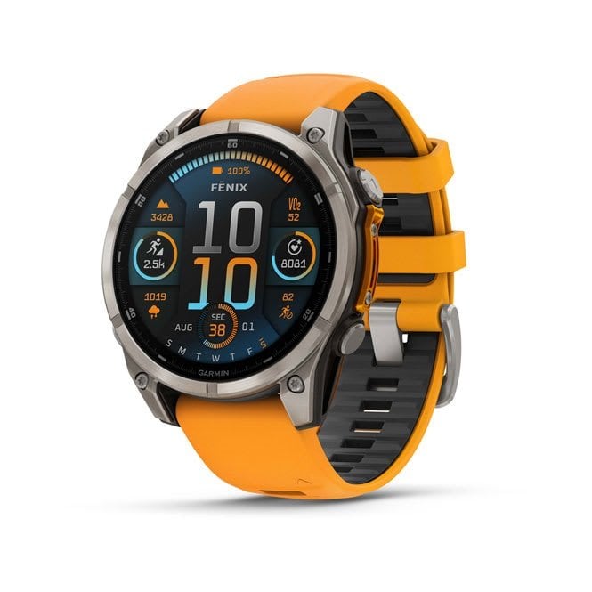 Garmin Fenix 8, Sapphire, Titanium Spark Orange/Graphite Silicone Strap, 010-02904-11