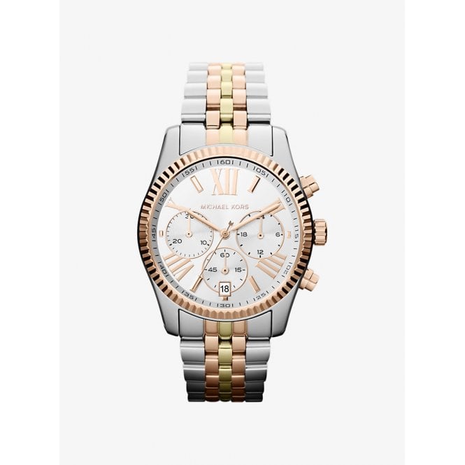 Michael Kors Oversized Lexington Tri-Tone Watch Rose Gold Tone and Stainless Steel Case, MK5735