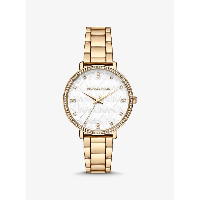 Michael Kors Pyper Embossed Logo Watch Gold Tone Stainless Steel Case, MK4666