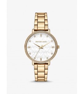 Michael Kors Pyper Embossed Logo Watch Gold Tone Stainless Steel Case, MK4666