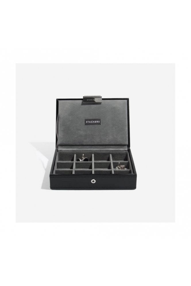 Mini Cufflink Box Black Leather & Grey Velvet