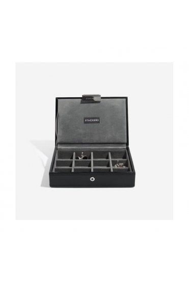 Mini Cufflink Box  Black Leather & Grey Velvet