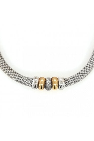 Monaco Two Tone Rondel Diamond Set Necklace 925 Sterling Silver, Yellow Gold Plated
