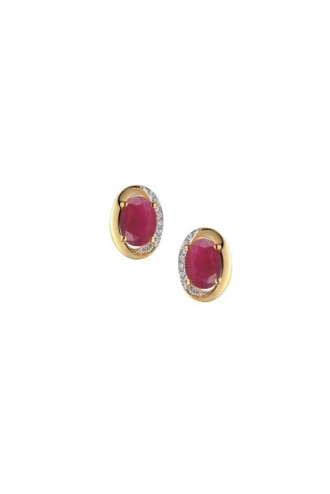 Oval Ruby & Diamond Set Swirl Earrings 9ct Yellow & 9ct White Gold