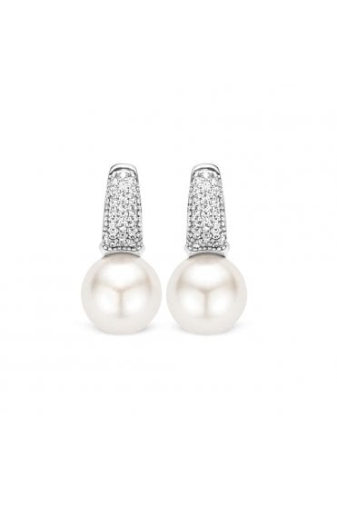 Ti Sento 925 Sterling Silver Pearl Drop Earrings Cubic Zirconia Pave Set Crystals, 7750PW